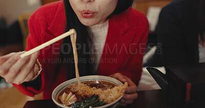 Buy stock photo Woman, mouth and blowing ramen noodles in restaurant for dinner, diet and meal in cafeteria. Closeup, hungry lady and chopsticks for eating hot spaghetti, Japanese cuisine or lunch in fast food diner