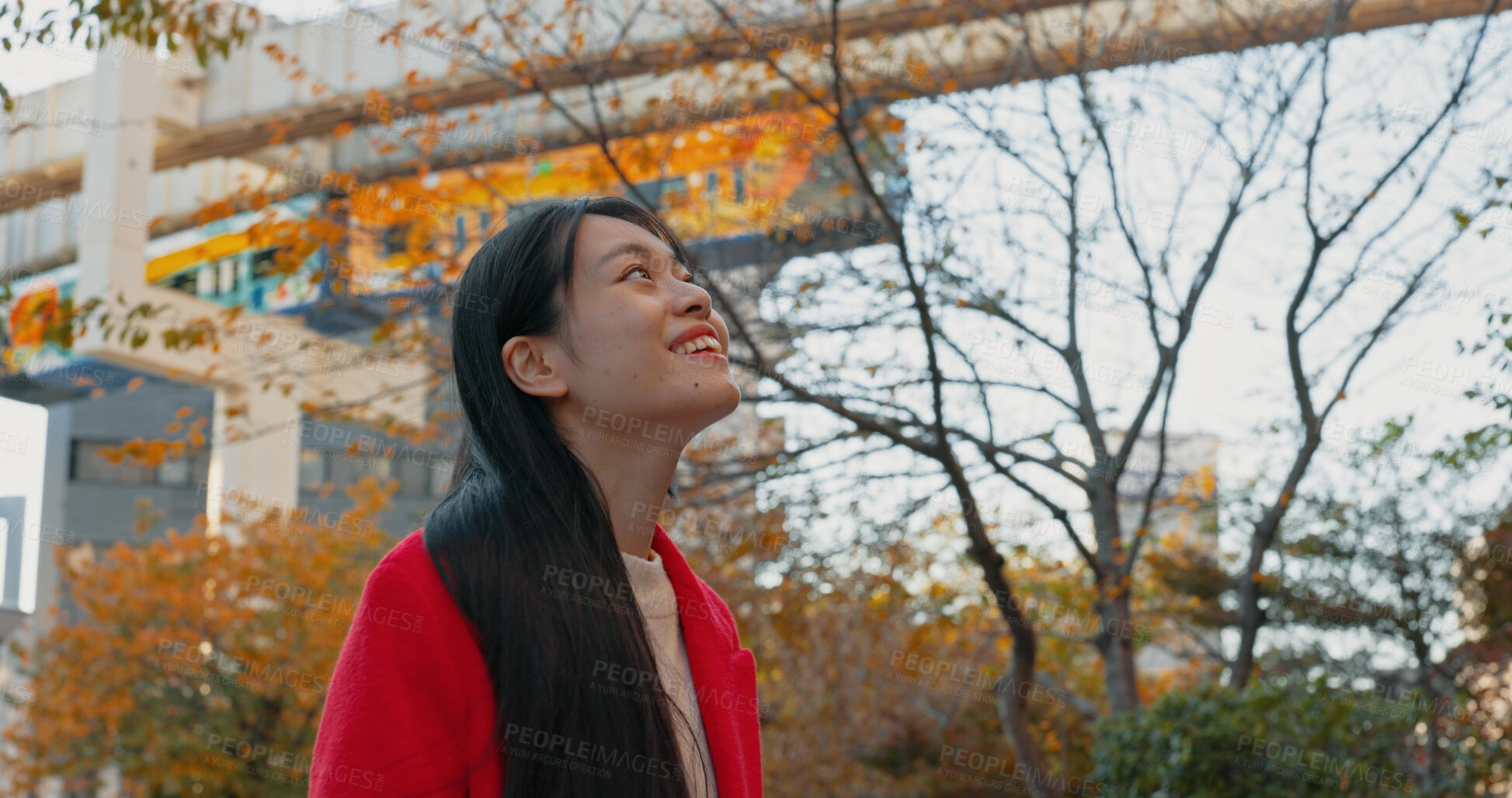 Buy stock photo Japanese woman, thinking and outdoor in city for travel by train in autumn with trees and happiness. Park, nature and person in Tokyo forest on commute in morning on subway metro transportation