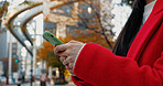 City, hands and woman with phone for typing on social media, download digital app and scroll notification. Closeup, smartphone and mobile contact in urban street to search for travel location online 