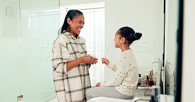 Buy stock photo Home, cream and mother with girl in bathroom for skincare, wellness and hygiene with washing. Love, beauty or happy mother and child with lotion, creme or moisturizer for cleaning or bonding together