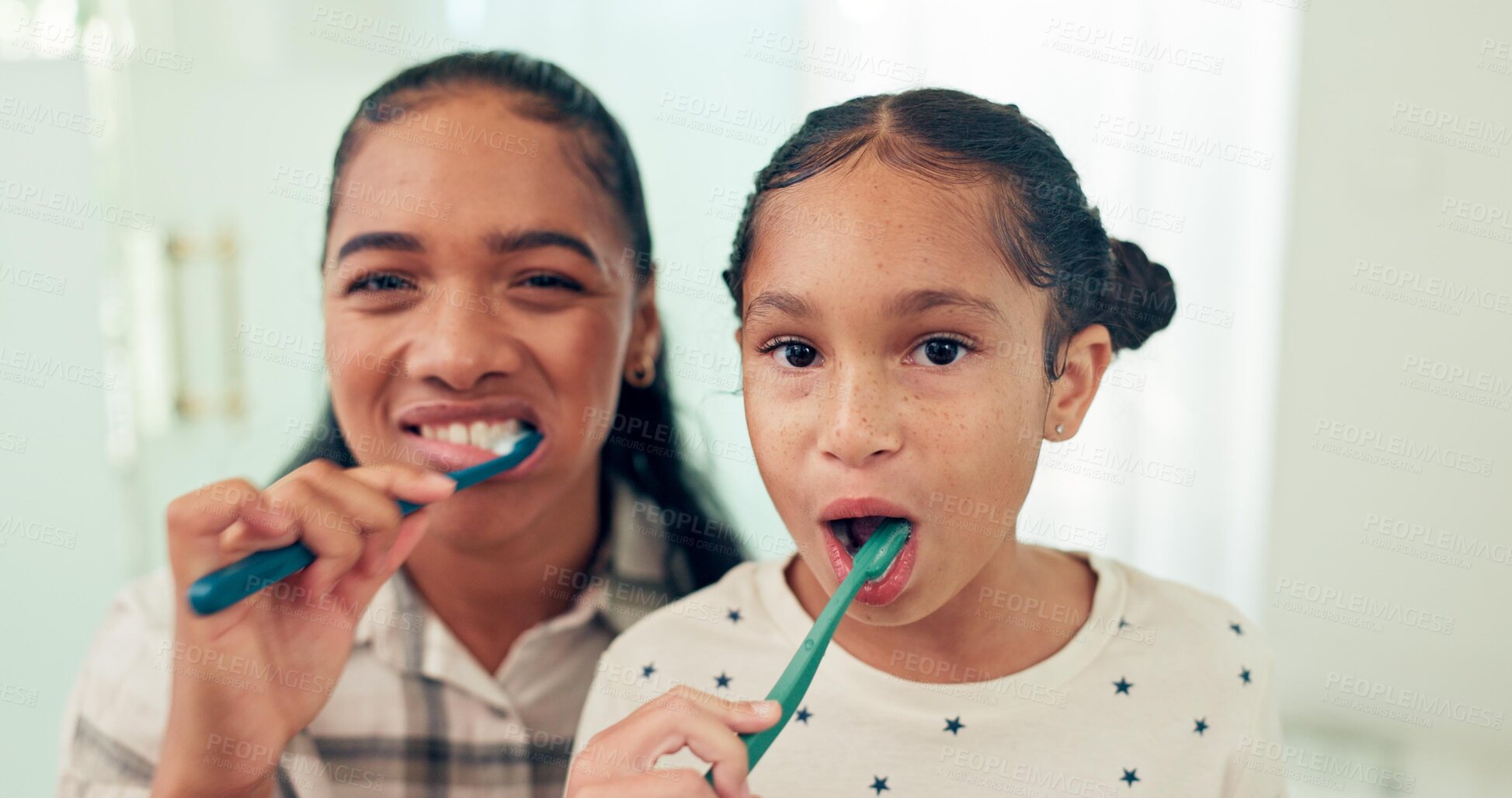 Buy stock photo Portrait, brushing teeth and mother with daughter, morning routine and healthy in bathroom. Face, family or mama with kid and child development with wellness or toothbrush with fresh breath or dental