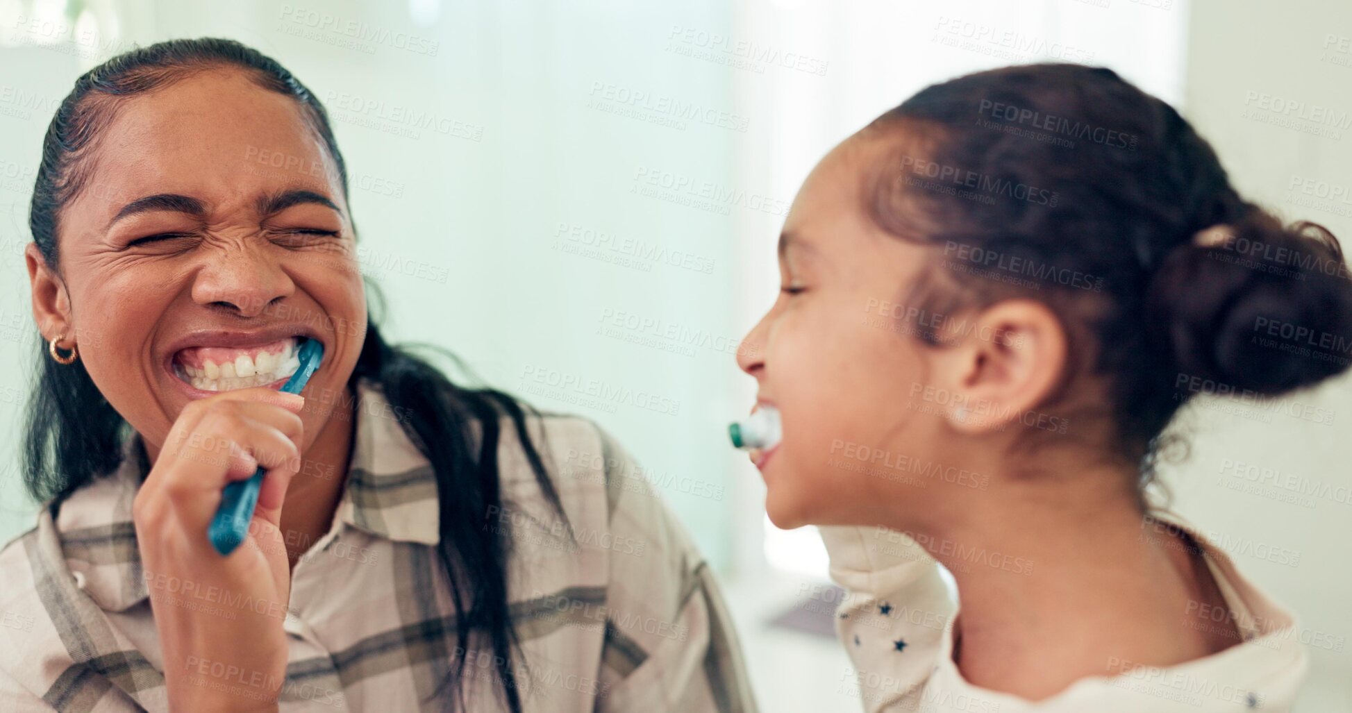 Buy stock photo Happy, brushing teeth and mother with daughter, wellness and child development in bathroom. Smile, family or mama with kid and healthy with morning routine or toothbrush with fresh breath or dental