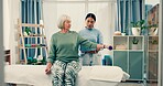 Senior care, help and physiotherapist with old woman, dumbbell and healthcare at nursing home. Physio, exercise and retirement, fitness coach and elderly patient with support for mobility training.