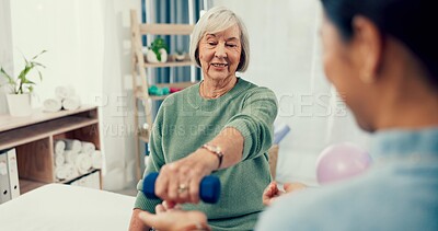 Senior care, rehabilitation and help, physiotherapist with old woman and dumbbell for healthcare at nursing home. Physio, exercise and retirement, fitness coach and elderly patient mobility training.