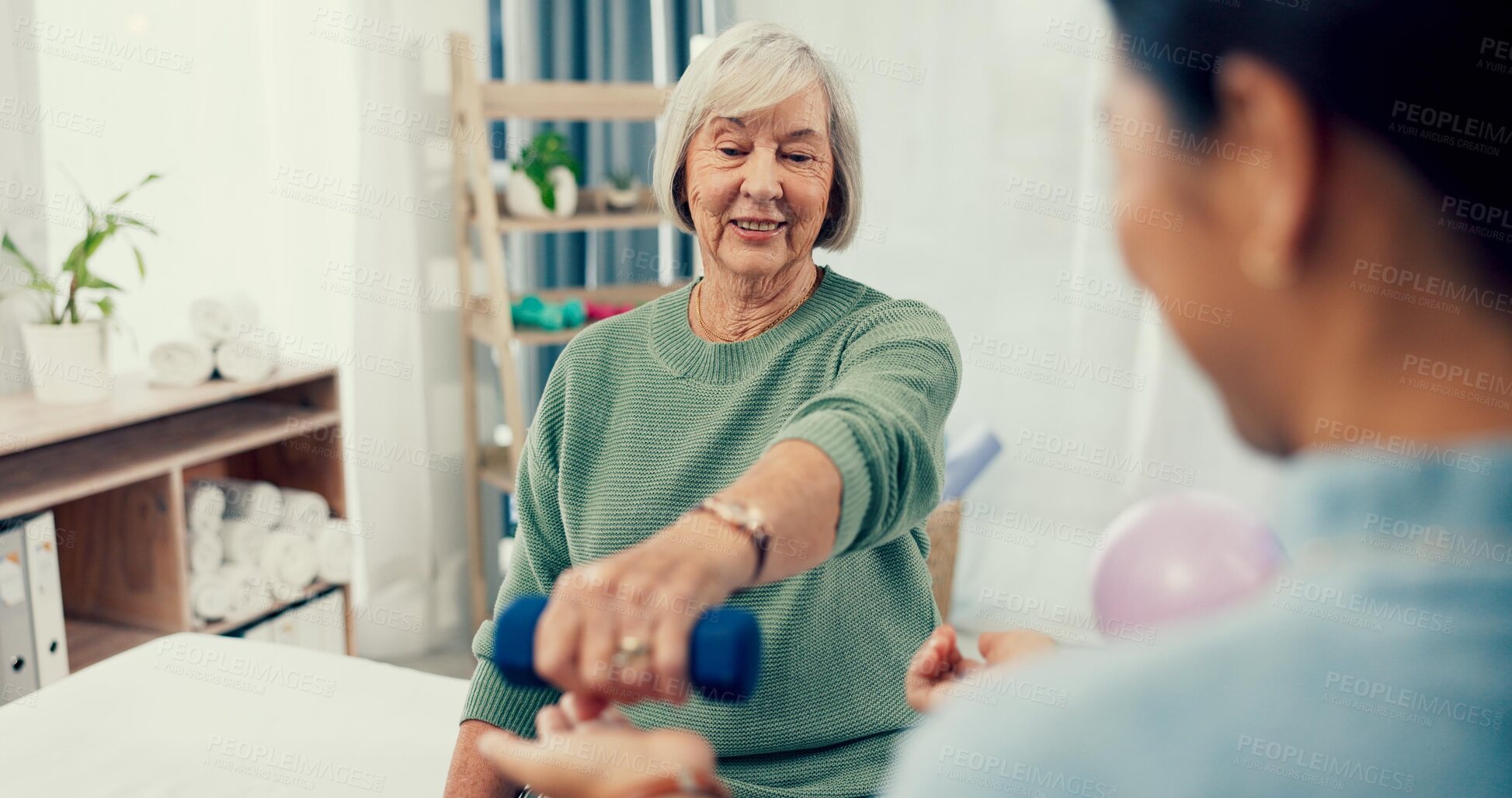 Buy stock photo Senior woman, physiotherapy and dumbbell for exercise, support and stretching arm in physical therapy exam. Elderly patient and nurse with workout for shoulder pain, fitness and medical consultation