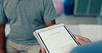 Senior physiotherapy, couple and a doctor with a tablet for a consultation and retirement healthcare. Rehabilitation, interracial man and woman speaking to a physiotherapist with tech for advice