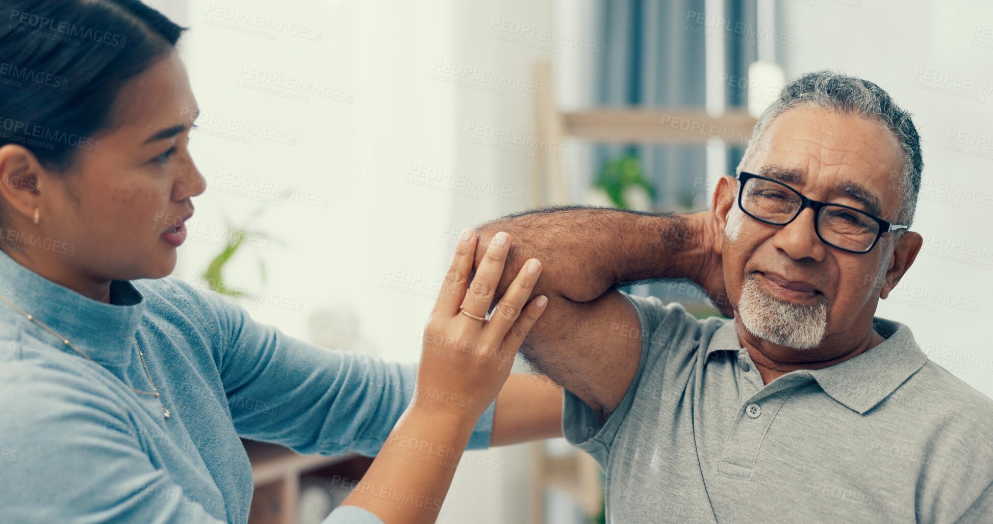 Buy stock photo Senior patient, physiotherapy and stretching muscle for workout support, fitness and physical therapy in clinic. Medical nurse, doctor or physiotherapist helping an elderly man with elbow healthcare