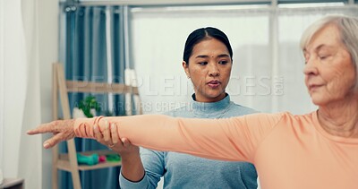 Physiotherapy, senior or woman stretching arms to help physical therapy for mobility rehabilitation. Elderly patient, chiropractor or physiotherapist with healing exercise for shoulder muscle injury