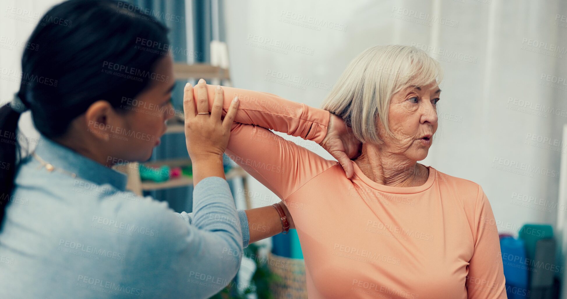 Buy stock photo Physiotherapy, stretching and senior woman in consultation for support, exam and helping with shoulder or muscle. Doctor, physiotherapist or nurse and elderly patient arm or elbow, check and service