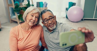 Senior, couple and selfie with smile at home for social media and picture sitting on ground.Marriage, happy and photo of elderly people together with love, care and support in a house on the web