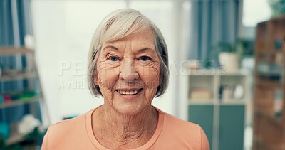 Senior, woman and portrait with smile at nursing home for retirement with physio therapy. Happy, face and elderly female with positive mindset with happiness for peace in apartment for calm to relax.