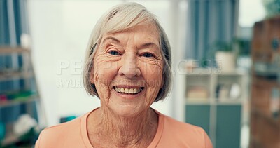 Senior, woman and portrait with smile at nursing home for retirement with physio therapy. Happy, face and elderly female with positive mindset with happiness for peace in apartment for calm to relax.