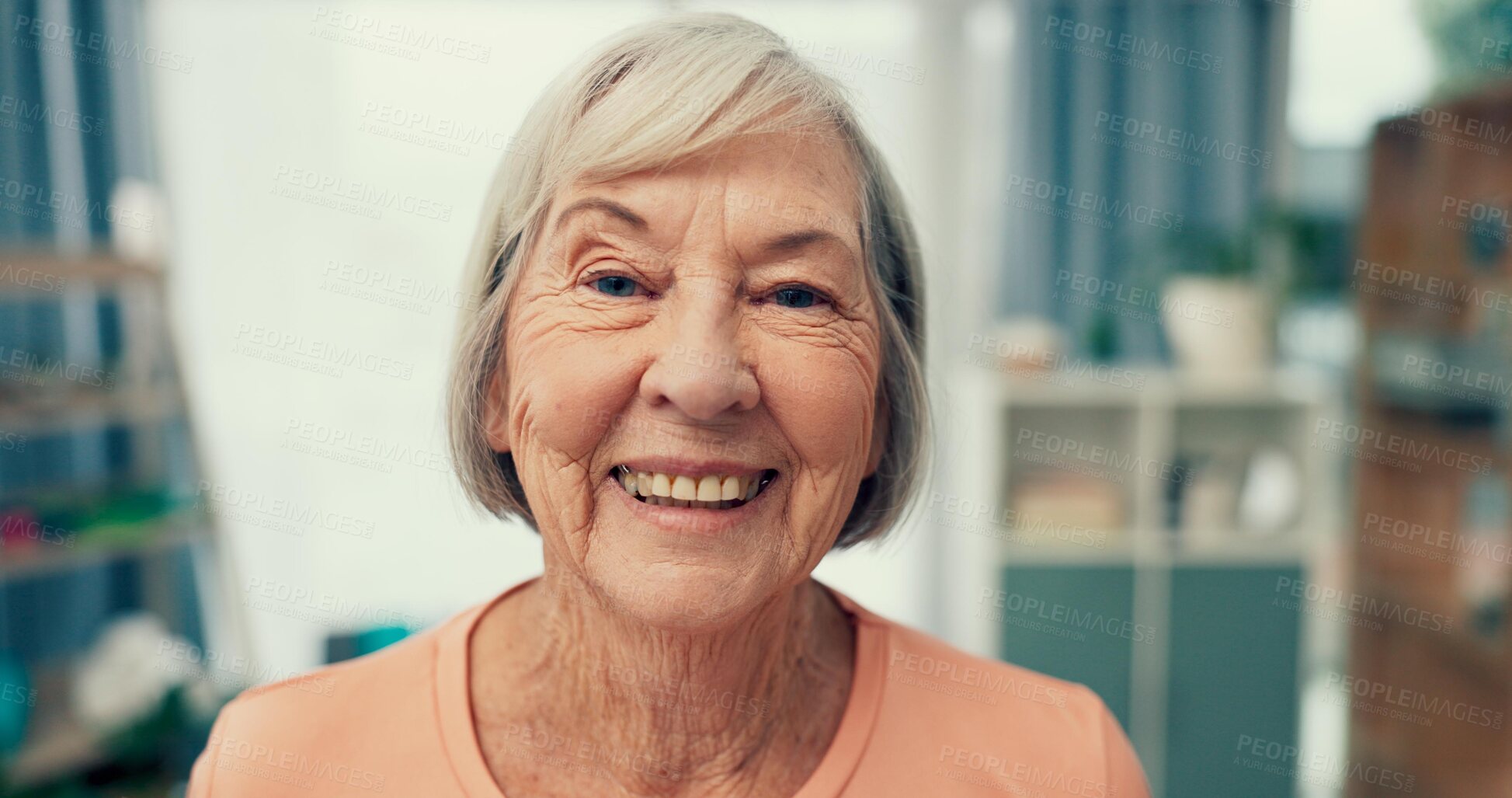 Buy stock photo Old woman and portrait with smile at nursing home for retirement with physiotherapy and wellness. Pensioner, face or elderly person with positive mindset with health for peace in apartment for calm