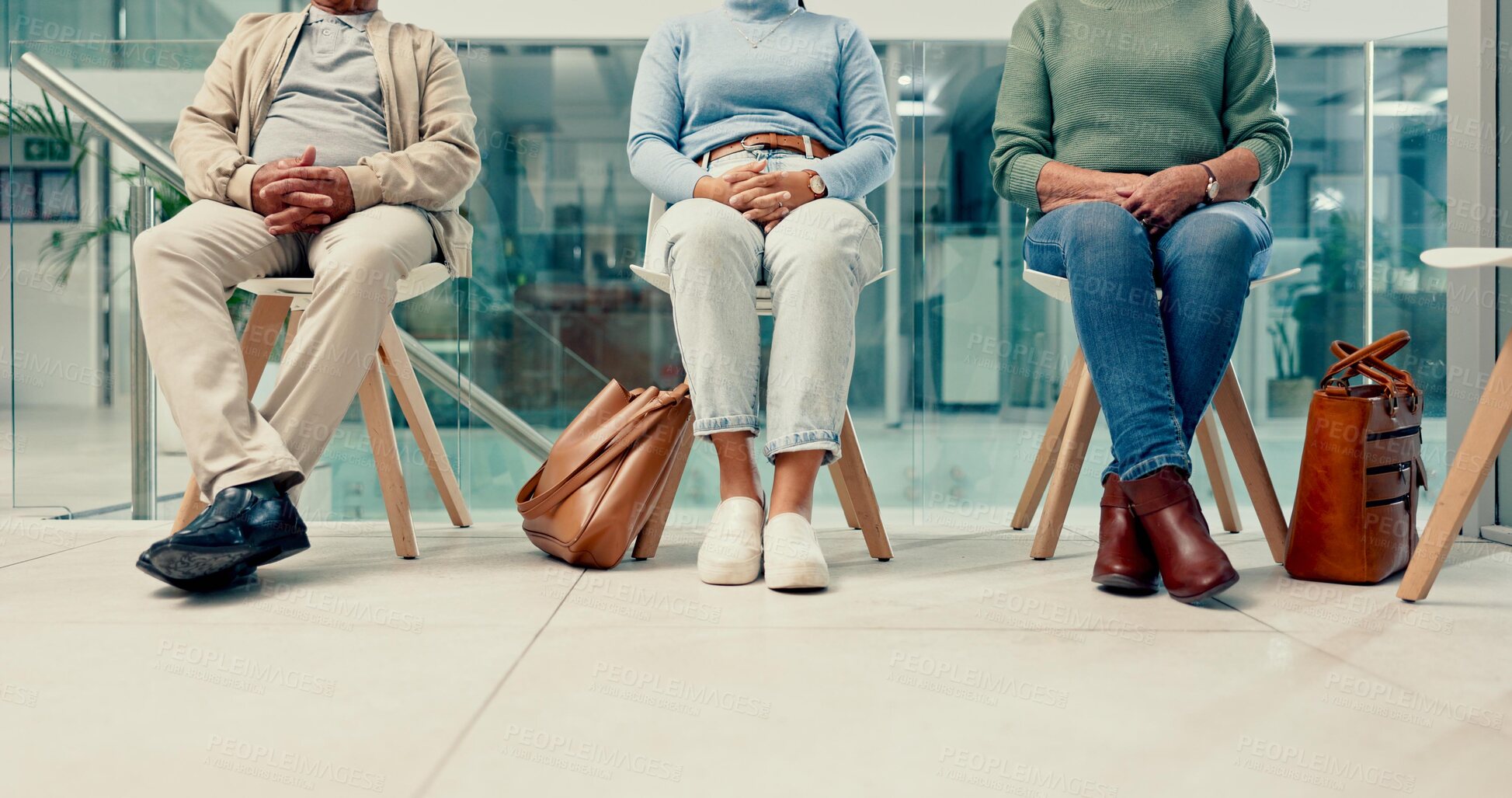 Buy stock photo Office, recruitment and shoes of business people in waiting room for job interview, application and assessment. Opportunity, meeting and closeup of employees with search, agency and human resources