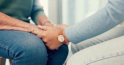 Support, senior or closeup of people holding hands for comfort or compassion for wellness together. Therapist, sympathy or elderly person bonding, praying or healing after death with psychologist