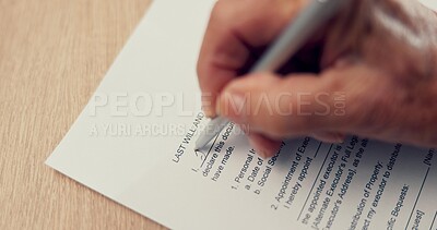 Hands, writing or senior person with will, contract or application or document for insurance papers. Compliance, closeup or elderly client signature for paperwork, legal form or title deed agreement