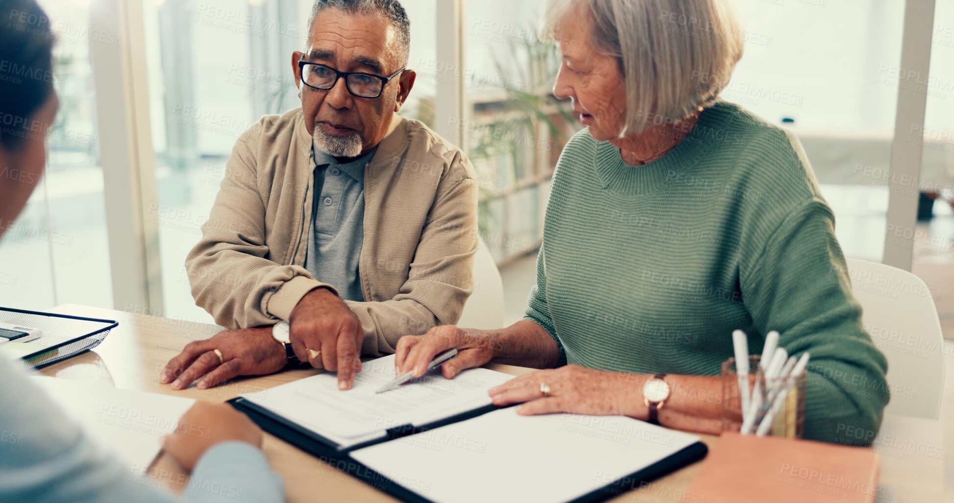 Buy stock photo Conversation, lawyer or old couple with will, contract or document for retirement funding or life insurance. Plan, advisor or married elderly clients with legal form or title deed agreement with help