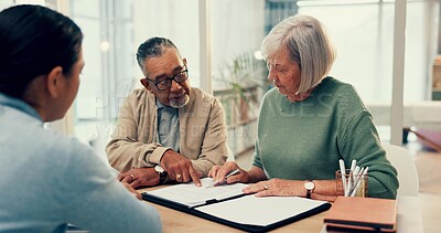 Talking, lawyer or old couple with will, contract or documents for life insurance papers or compliance. Plan, advisor or married elderly clients signing paperwork, legal form or title deed agreement