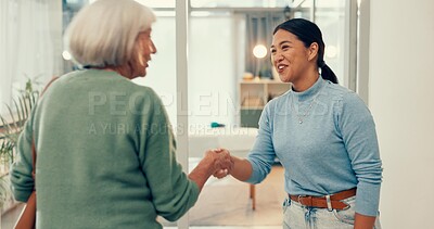 Happy woman, physiotherapist and handshake in elderly care for appointment or schedule meeting at clinic. Female person or medical healthcare professional shaking hands with senior patient in checkup