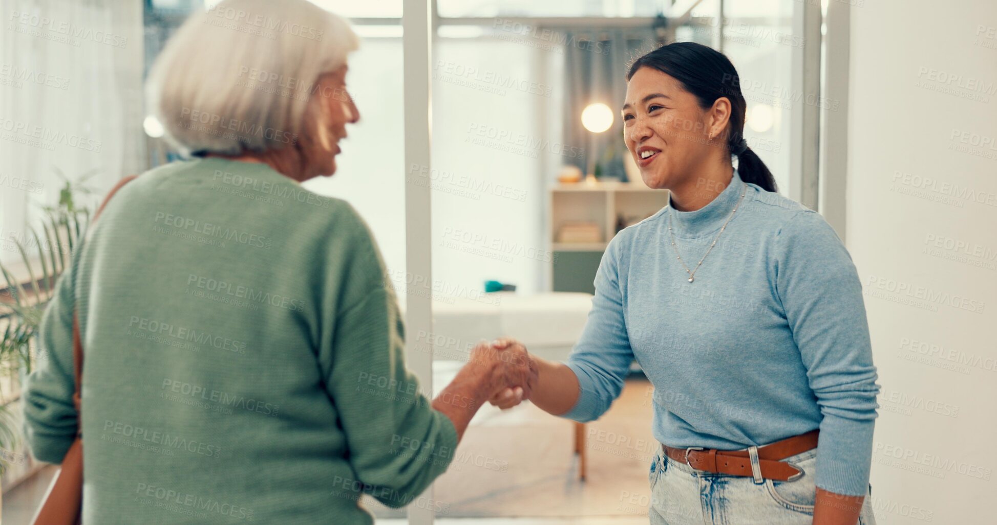 Buy stock photo Happy woman, physiotherapist and handshake in elderly care, appointment and meeting at hospital clinic. Female person, medical and healthcare professional shaking hands with senior patient in checkup