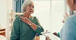 Shoulder pain, tablet or physiotherapist consulting old woman for injury, help or support in retirement. Elderly person talking, psychologist listening or therapist speaking to help senior patient