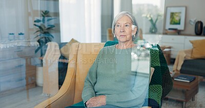 Thinking, memory and nostalgia, old woman in living room at nursing home on sofa, relax and lonely retirement. History, remember and vision of past life memories, elderly person on couch in apartment