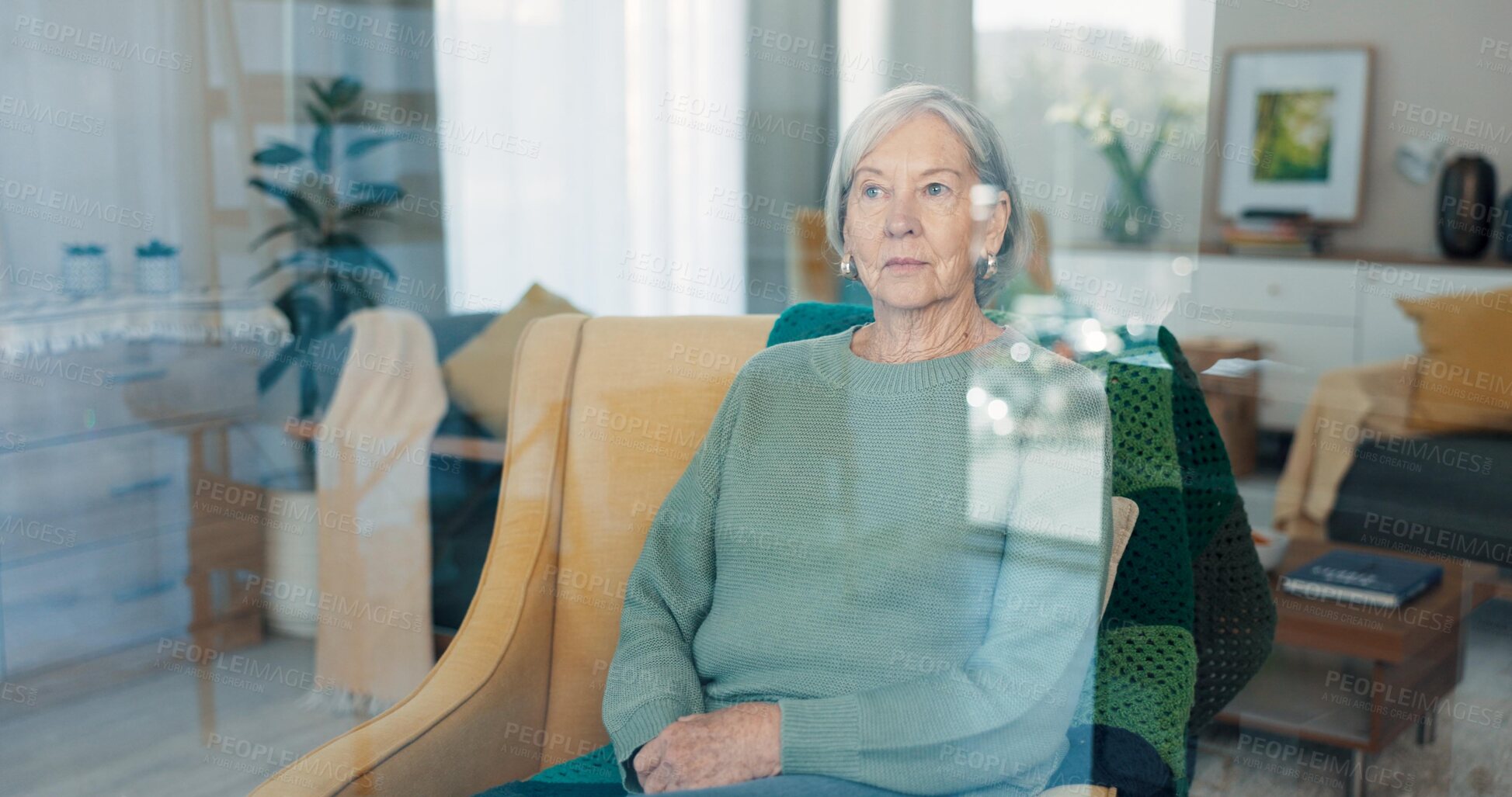 Buy stock photo Thinking, memory and serious old woman in living room at home on sofa, depression and lonely in retirement. Nostalgia, remember and elderly person with anxiety, dream and vision by apartment window