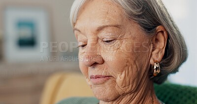 Senior woman, photo and memory in a retirement home with thinking and nostalgia. Elderly female person, picture and wedding photograph in a living room on a sofa with gratitude on a lounge couch