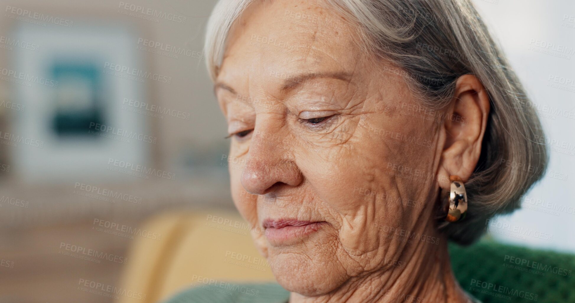 Buy stock photo Face, thinking or memory with senior woman on sofa of living room in home to relax for retirement. Peace, wellness or nostalgia with elderly person closeup in apartment for break, rest or time off