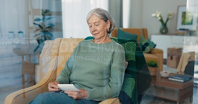 Home, photograph and old woman with retirement, memory and relax with history, nostalgia and thinking about the past. Senior, female person and pensioner in a living room, retro picture and remember