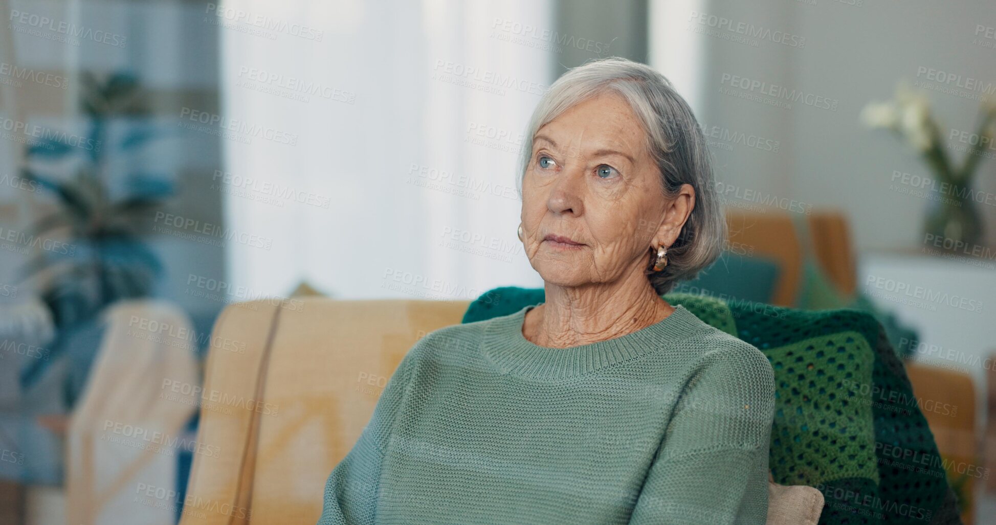 Buy stock photo Thinking, face and senior woman on couch with dementia, memory loss and Alzheimer in nursing home. Old age, anxiety and elderly female with depression, reflection and lonely with grief or nostalgic