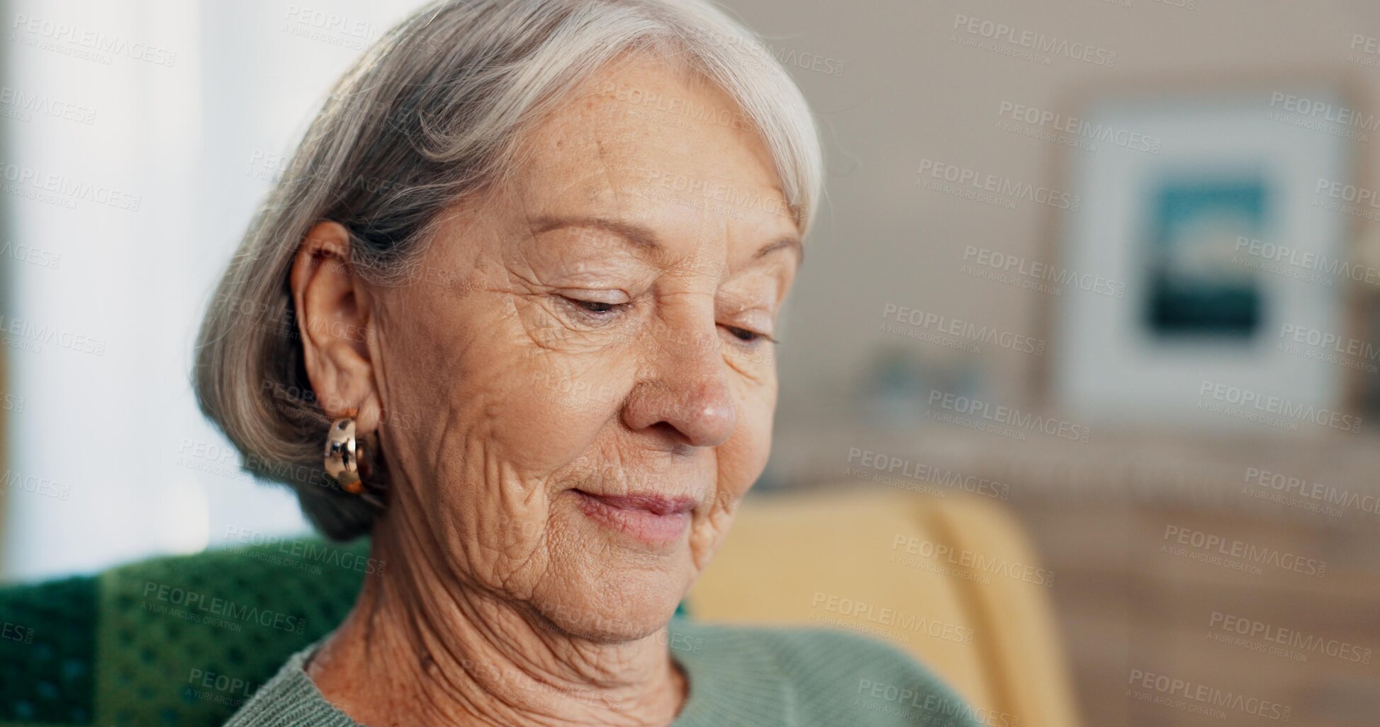 Buy stock photo Face, memory or nostalgia with elderly woman on sofa of living room in home to relax for retirement. Peace, thinking or wellness with senior person closeup in apartment for break, rest or time off