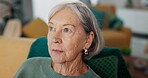 Face, thinking and senior woman on a sofa with dementia, memory loss or Alzheimer in a nursing home. Old age, anxiety and elderly female with depression, crisis or lonely, grief or nostalgic stress