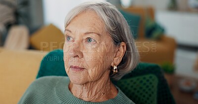 Face, thinking and senior woman on a sofa with dementia, memory loss or Alzheimer in a nursing home. Old age, anxiety and elderly female with depression, crisis or lonely, grief or nostalgic stress