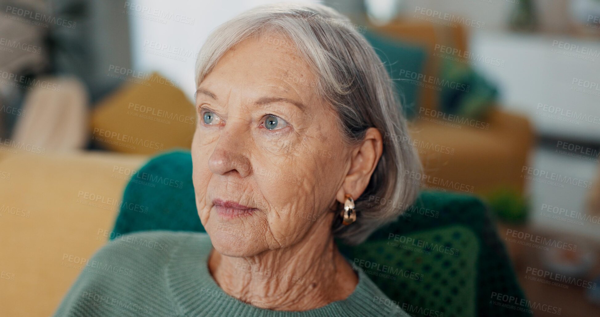 Buy stock photo Face, thinking and senior woman on sofa with Alzheimer, memory loss and depression in nursing home. Old age, anxiety and elderly female with nostalgia, living room and mental health in retirement