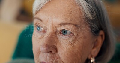Eyes, crying and senior woman at nursing home with fear, stress and worry, grief or mourning closeup. Tears, face and elderly female sad with nostalgia, anxiety or dementia, memory loss or Alzheimer