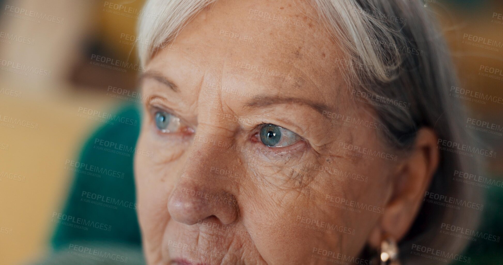 Buy stock photo Sad, crying and senior woman at nursing home with grief, stress and worry or mourning in closeup. Tears, face and elderly female with nostalgia, anxiety and dementia for memory loss or Alzheimer