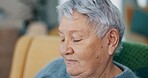 Sofa, face and senior woman sleeping for elderly wellness, retirement rest and tired in home living room. Dream, exhausted and old Mexican person fatigue, nap and relax for weekend stress relief