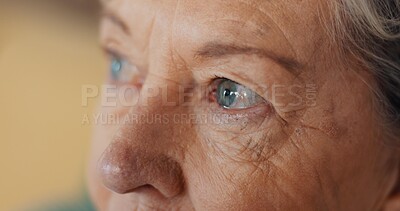 Eyes, thinking and senior woman at nursing home with fear, stress or worry, grief or depression closeup. Anxiety, face and elderly lady sad with nostalgia, doubt or dementia, memory loss or Alzheimer