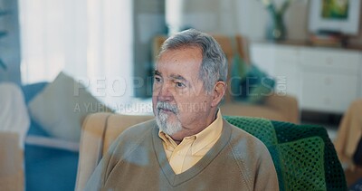 Thinking, dreaming and senior man on a chair in the living room of his retirement home. Calm, relax and peaceful elderly male person with an idea, vision or brainstorming in the lounge of his house.