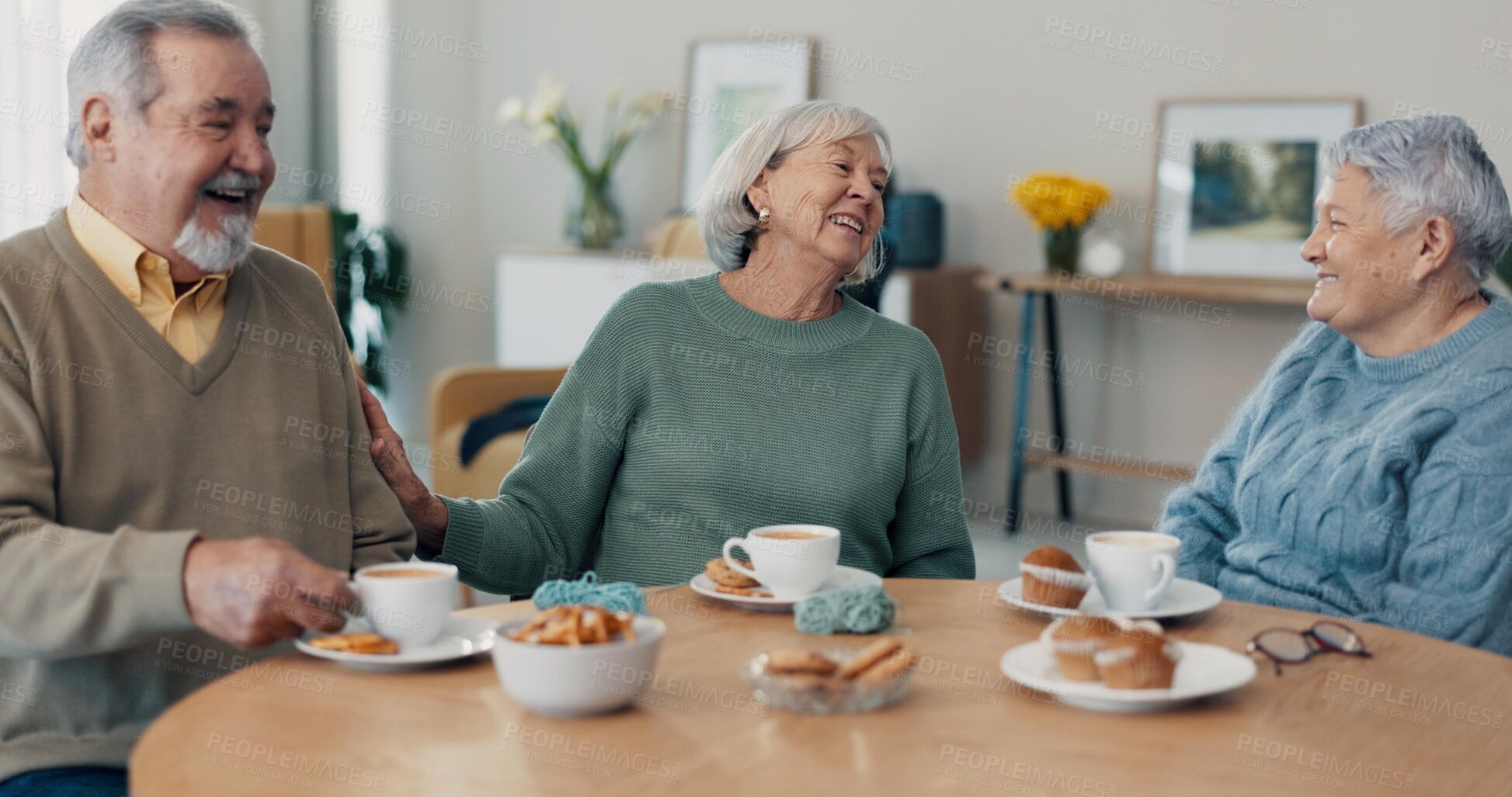 Buy stock photo Discussion, coffee and senior friends in living room of nursing home for communication. Smile, conversation and group of elderly people in retirement talking, bonding and drinking cappuccino at house