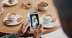 People, hands and photograph with memory at home for nostalgia, history and to remember. Closeup of senior friends at tea table with pictures of old album, marriage and photography in retirement