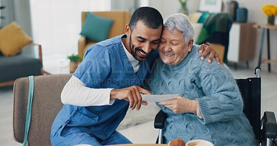 Wheelchair, hug or caregiver with old woman in retirement talking for bonding together in nursing home. Love, empathy or senior women reading card for support or care with a happy nurse on break