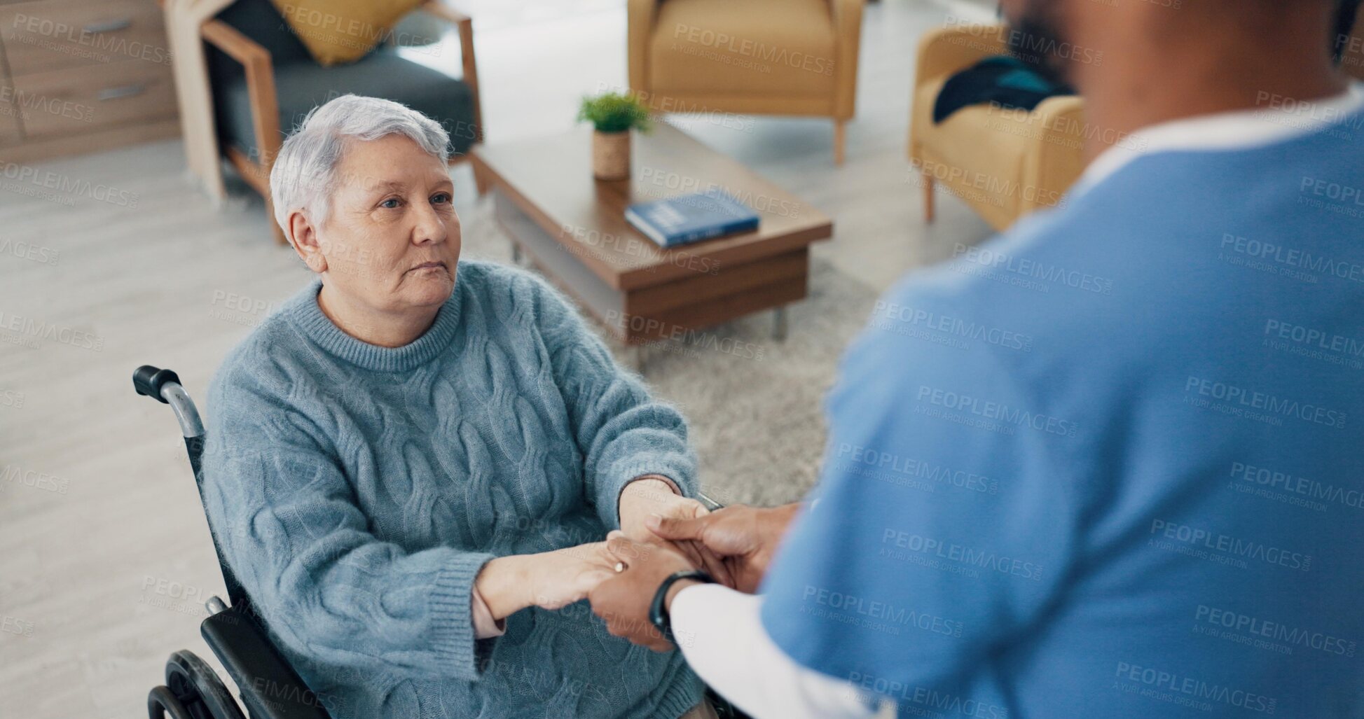 Buy stock photo Wheelchair, sad or old woman holding hands with nurse for support or consultation for healthcare service. Stress, trust or sick elderly patient with disability in nursing with caregiver or retirement