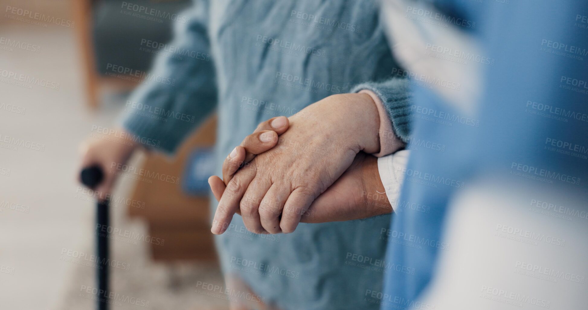 Buy stock photo Holding hands, help with elderly person and caregiver in nursing home, kindness and senior care for health. Retirement, pension and patient with disability, nurse for assistance and homecare closeup