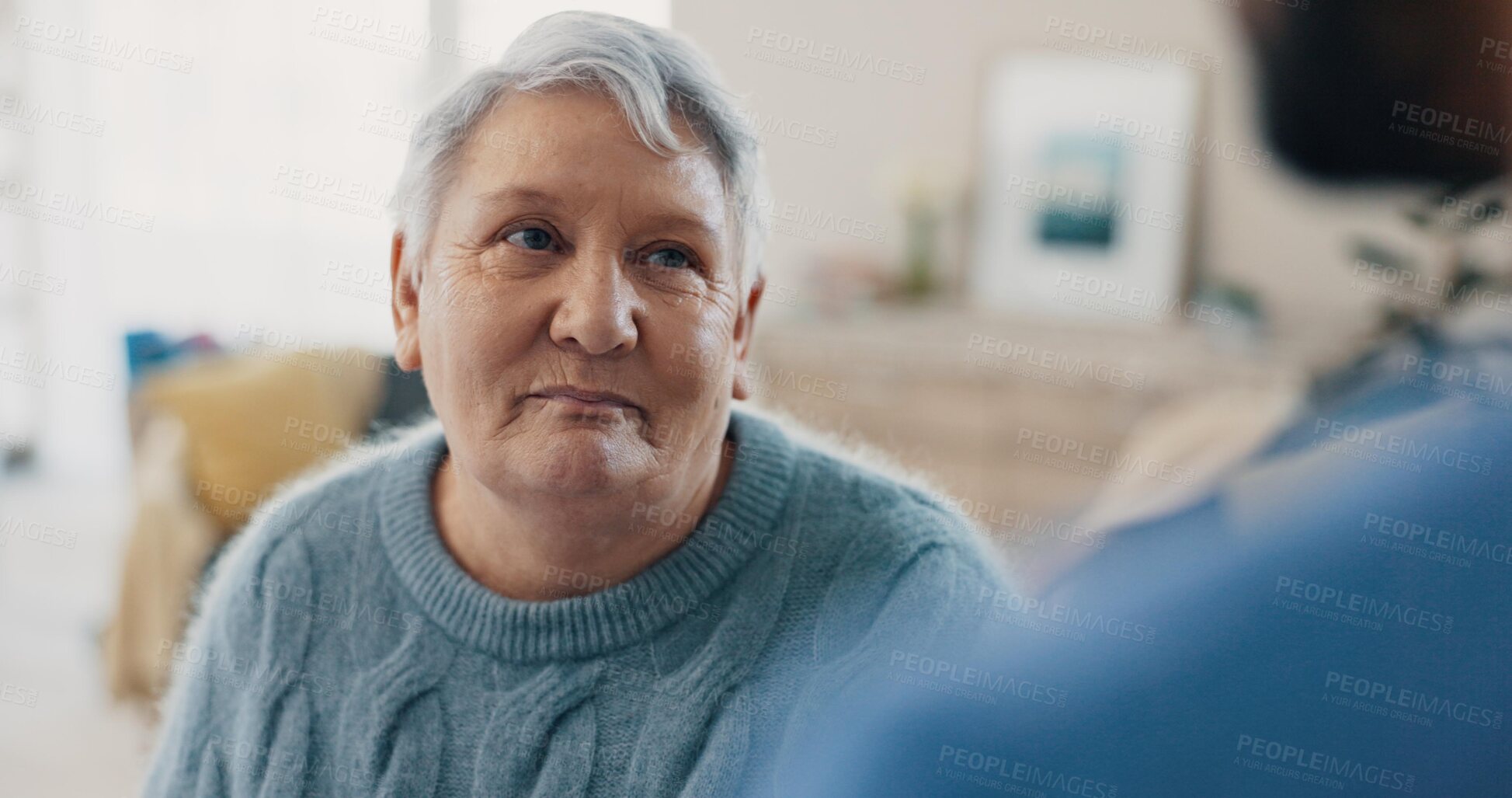 Buy stock photo Talking, support and senior woman with nurse for conversation, communication or chat in house. Happy, relax and elderly lady in living room of home and speaking to friend or caregiver for healthcare