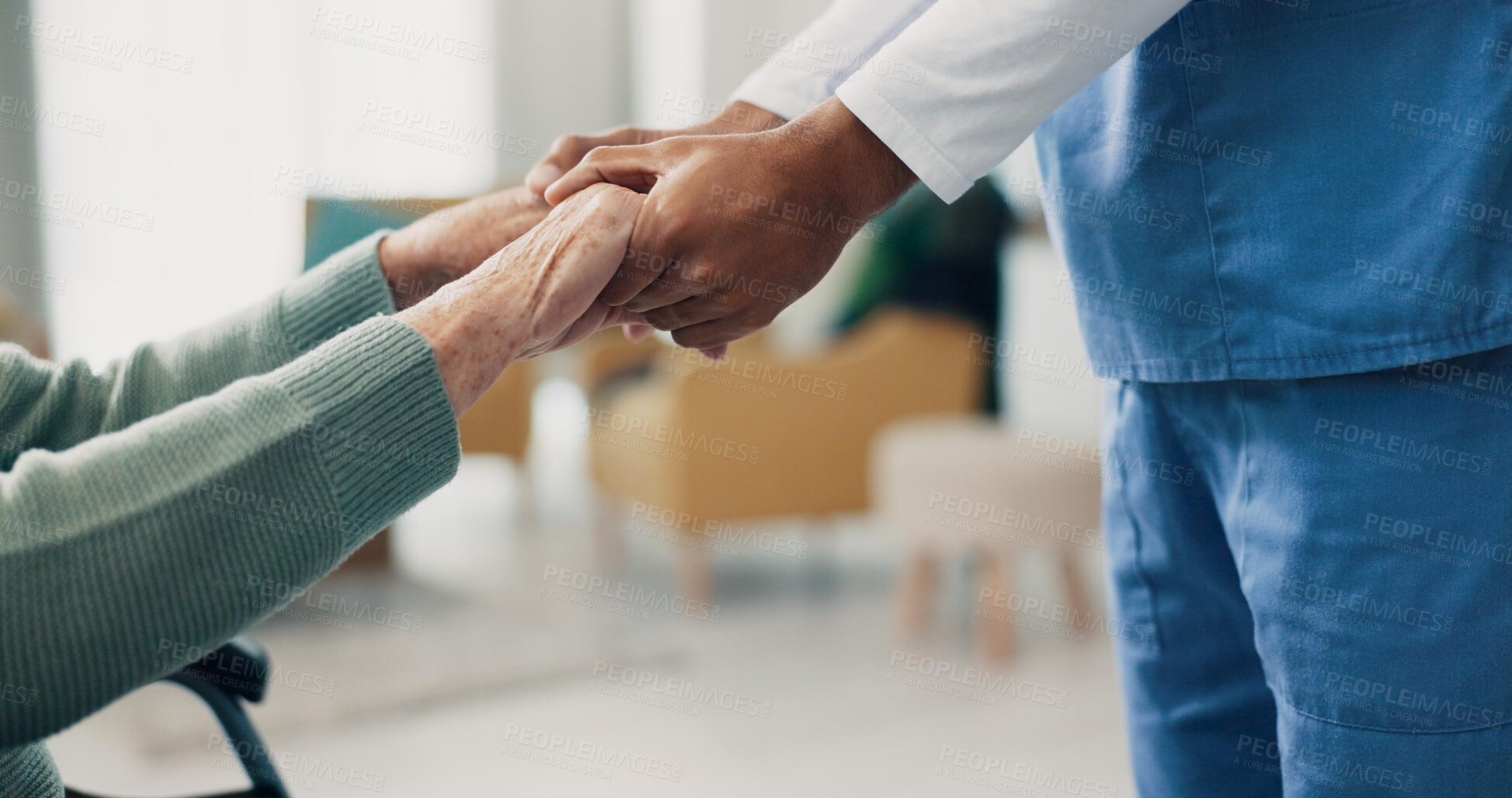 Buy stock photo Nurse, senior patient and holding hands in closeup for support, help and recovery in retirement. Physiotherapist, care and elderly person with disability in wheelchair at clinic for rehabilitation
