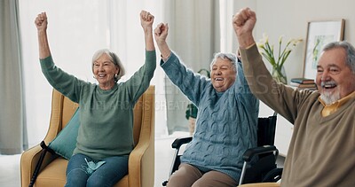 Wheelchair, watching tv and applause with senior friends in a home together during retirement. Happy, support or motivation and elderly people with disability clapping while streaming a live event