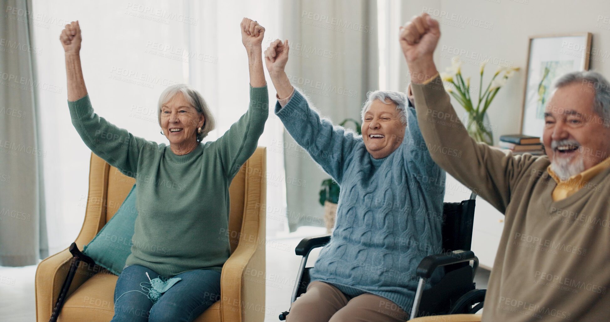 Buy stock photo Senior people, friends and applause watching tv at home, living room and house during retirement together. Wheelchair, person with disability and elderly group in celebration, support and success