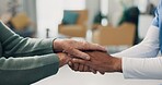 Holding hands, closeup and nursing home with doctor, support and faith with senior person in retirement. Nurse, elderly patient and homecare with praying, empathy and solidarity for healing in clinic